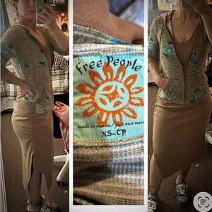 Free People Floral Textured 3/4 Sleeve Hooded Full Zip Top sz XSmall